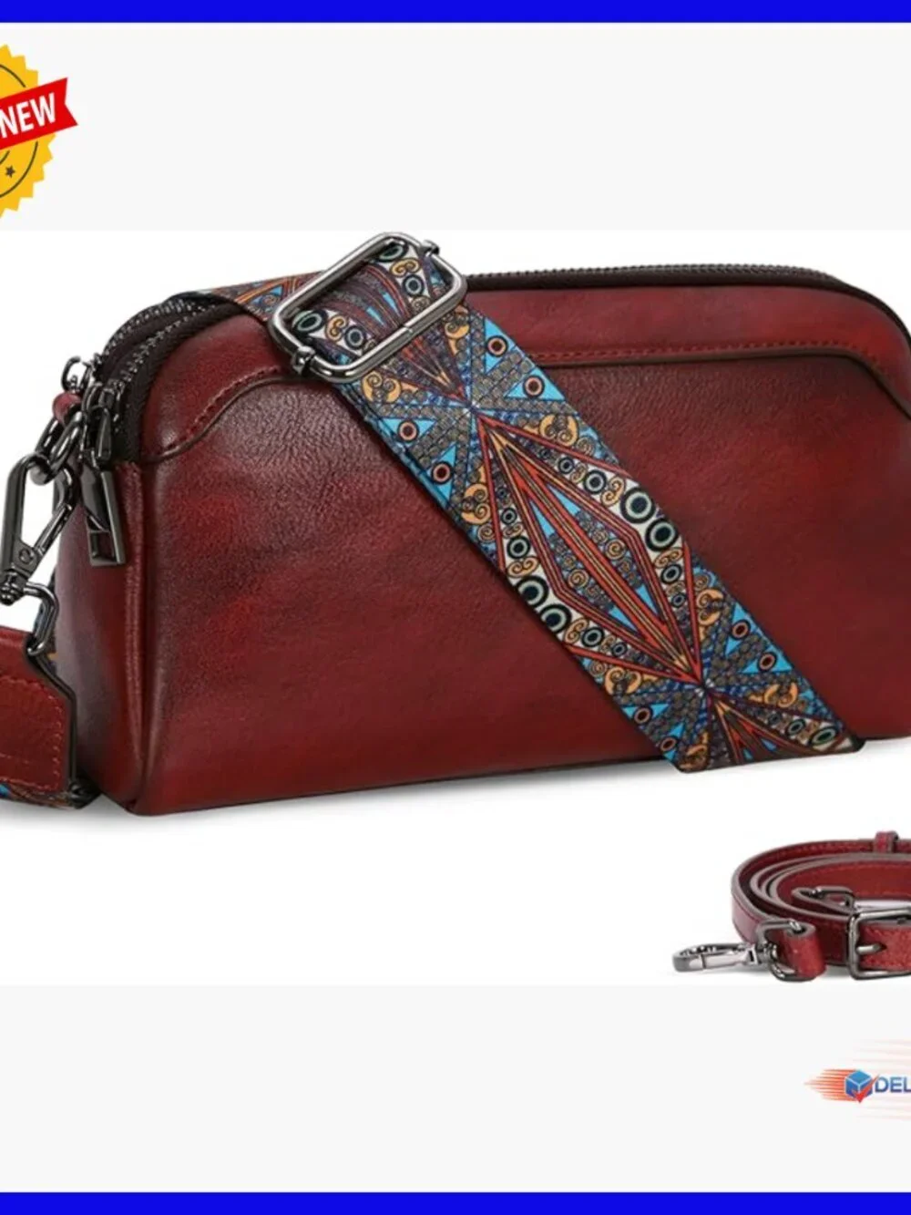 Genuine Leather Crossbody Bag with Multiple Pockets, Adjustable Straps